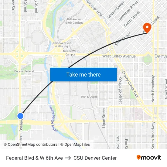 Federal Blvd & W 6th Ave to CSU Denver Center map