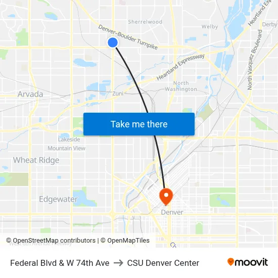 Federal Blvd & W 74th Ave to CSU Denver Center map