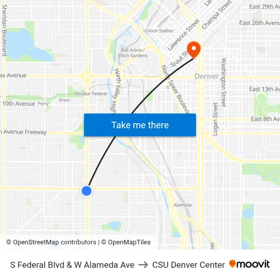 S Federal Blvd & W Alameda Ave to CSU Denver Center map