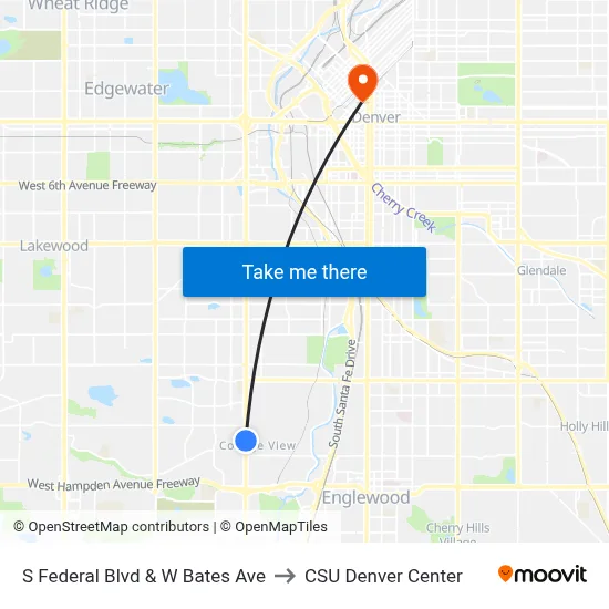 S Federal Blvd & W Bates Ave to CSU Denver Center map