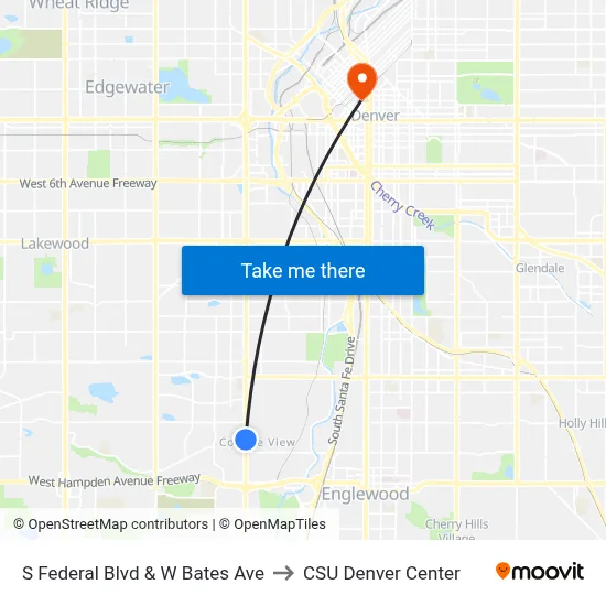 S Federal Blvd & W Bates Ave to CSU Denver Center map