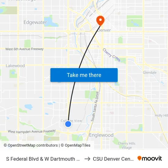 S Federal Blvd & W Dartmouth Ave to CSU Denver Center map