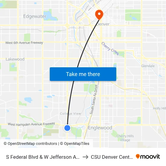 S Federal Blvd & W Jefferson Ave to CSU Denver Center map