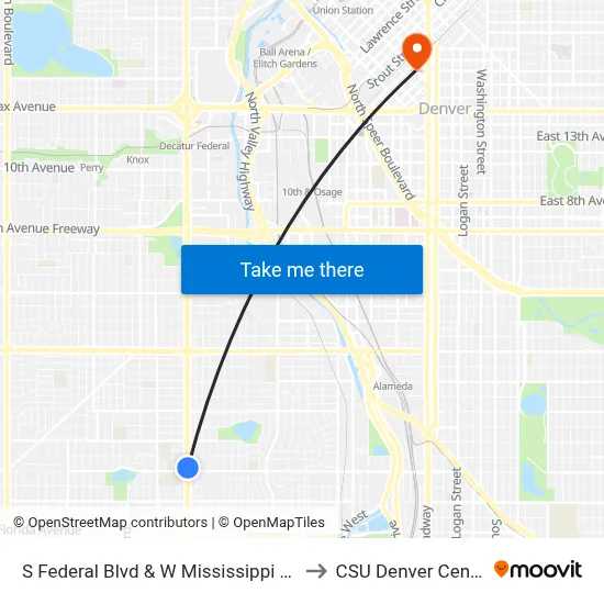 S Federal Blvd & W Mississippi Ave to CSU Denver Center map