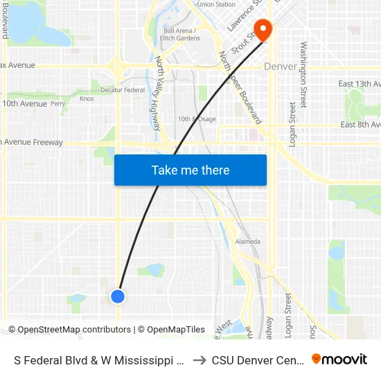 S Federal Blvd & W Mississippi Ave to CSU Denver Center map