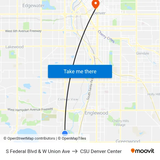 S Federal Blvd & W Union Ave to CSU Denver Center map