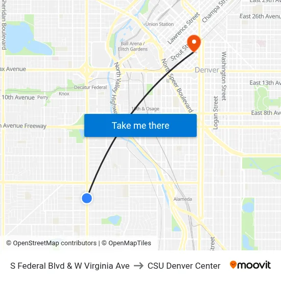 S Federal Blvd & W Virginia Ave to CSU Denver Center map