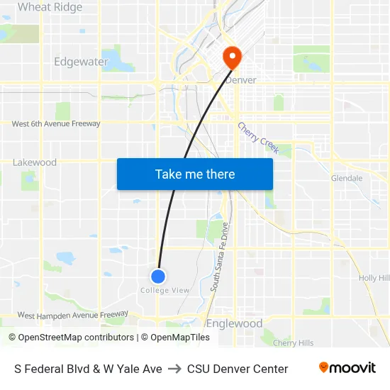 S Federal Blvd & W Yale Ave to CSU Denver Center map