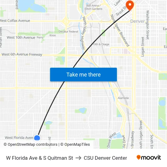 W Florida Ave & S Quitman St to CSU Denver Center map