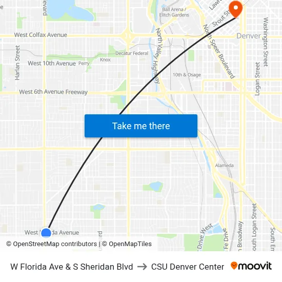 W Florida Ave & S Sheridan Blvd to CSU Denver Center map