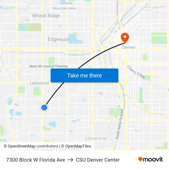 7300 Block W Florida Ave to CSU Denver Center map