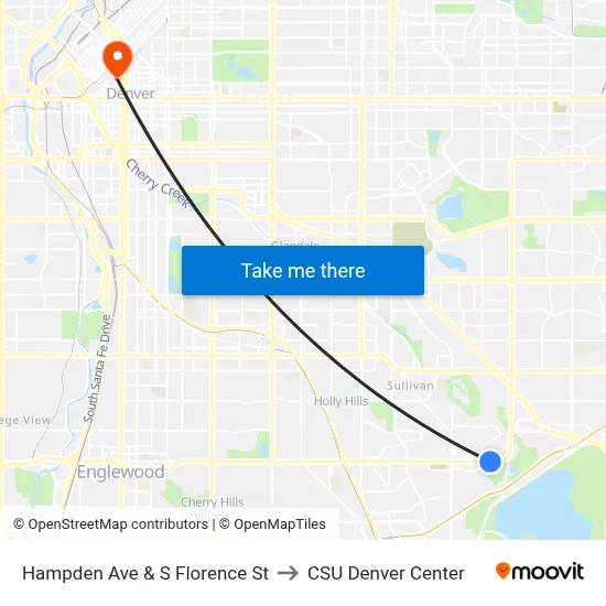 Hampden Ave & S Florence St to CSU Denver Center map