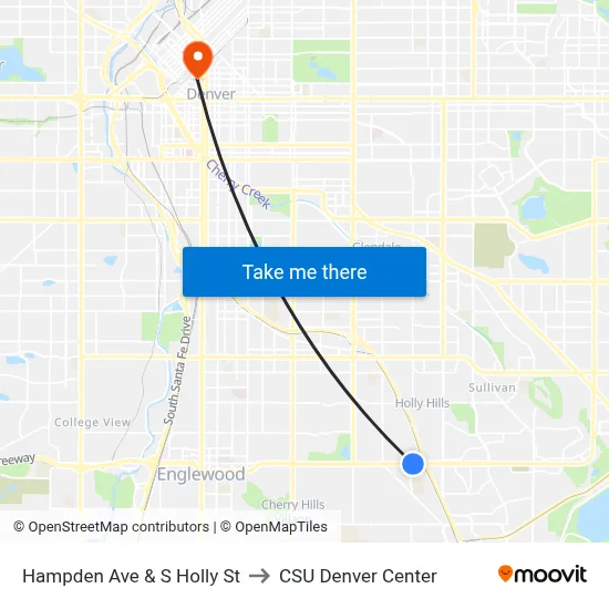 Hampden Ave & S Holly St to CSU Denver Center map