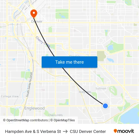 Hampden Ave & S Verbena St to CSU Denver Center map