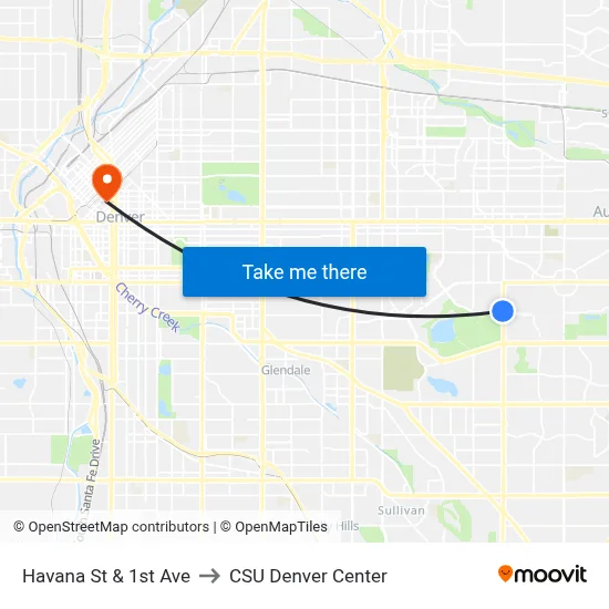Havana St & 1st Ave to CSU Denver Center map