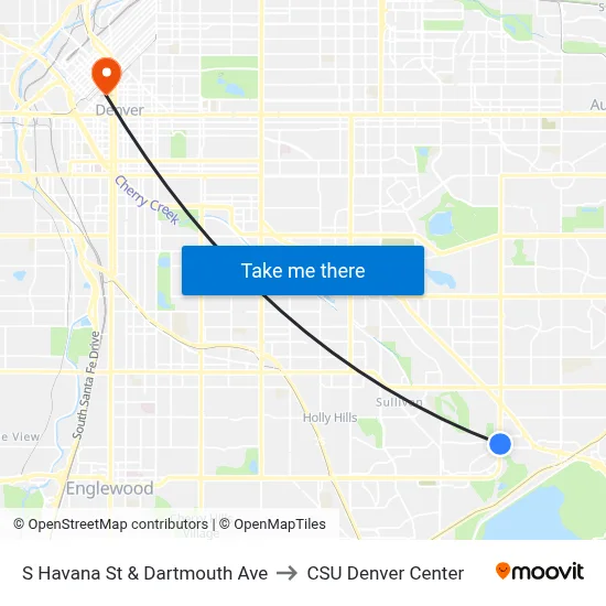 S Havana St & Dartmouth Ave to CSU Denver Center map