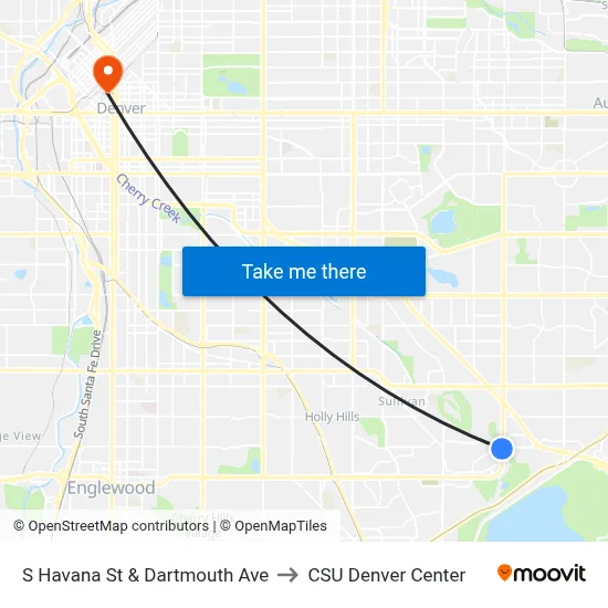 S Havana St & Dartmouth Ave to CSU Denver Center map