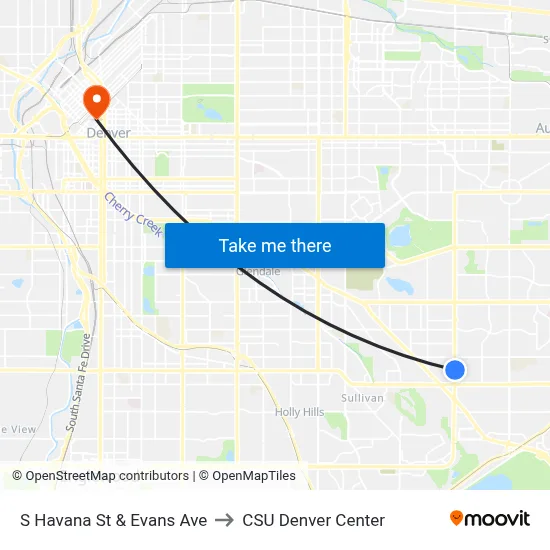 S Havana St & Evans Ave to CSU Denver Center map