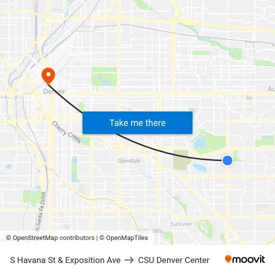 S Havana St & Exposition Ave to CSU Denver Center map