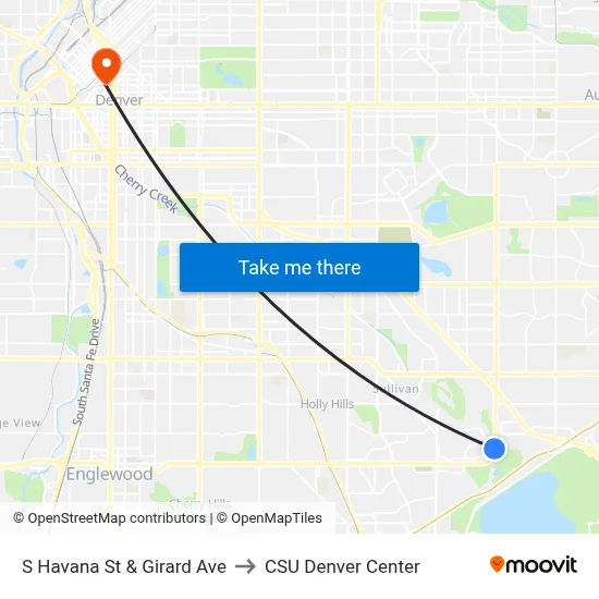 S Havana St & Girard Ave to CSU Denver Center map