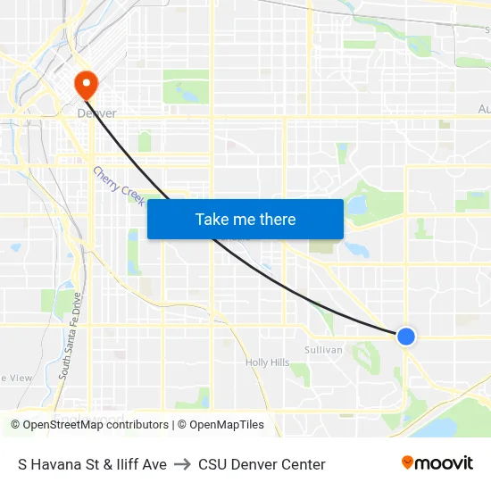 S Havana St & Iliff Ave to CSU Denver Center map
