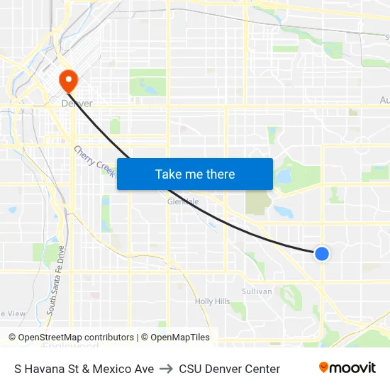 S Havana St & Mexico Ave to CSU Denver Center map