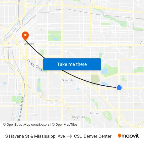 S Havana St & Mississippi Ave to CSU Denver Center map