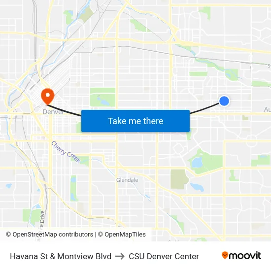 Havana St & Montview Blvd to CSU Denver Center map