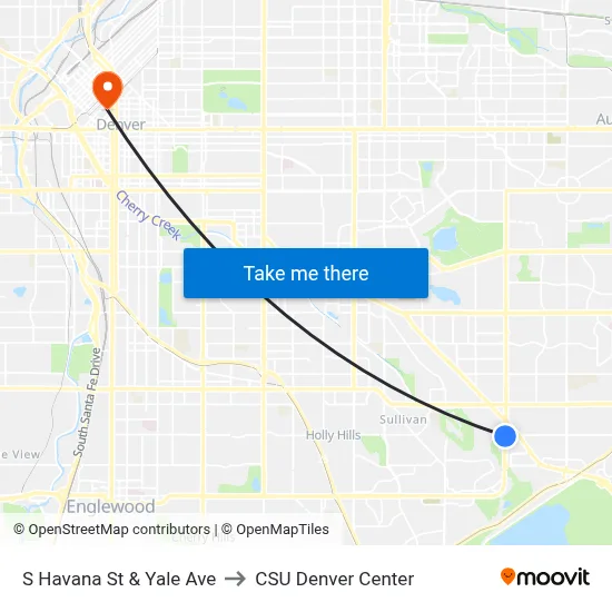 S Havana St & Yale Ave to CSU Denver Center map