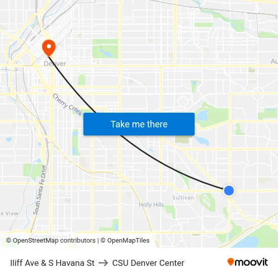 Iliff Ave & S Havana St to CSU Denver Center map