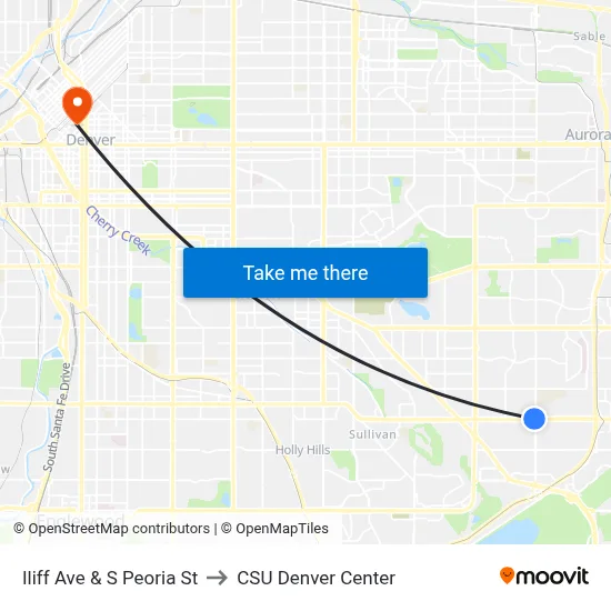 Iliff Ave & S Peoria St to CSU Denver Center map