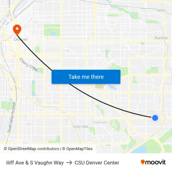 Iliff Ave & S Vaughn Way to CSU Denver Center map