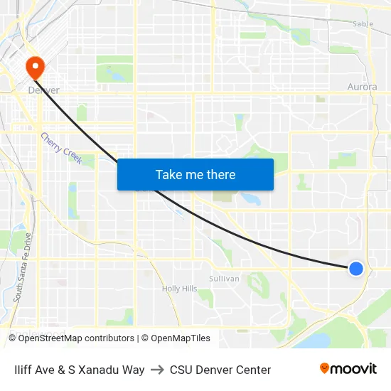 Iliff Ave & S Xanadu Way to CSU Denver Center map