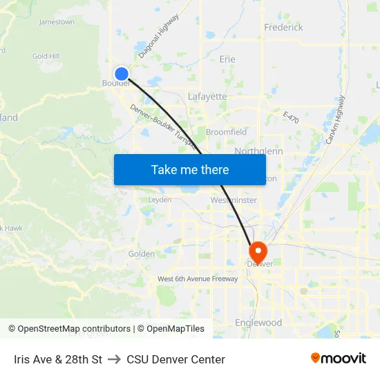 Iris Ave & 28th St to CSU Denver Center map