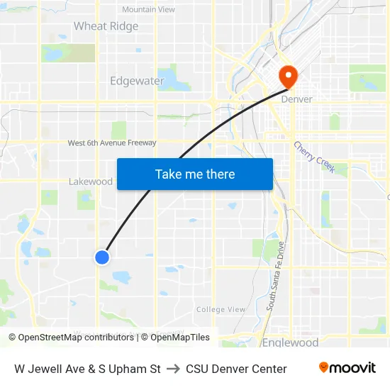 W Jewell Ave & S Upham St to CSU Denver Center map