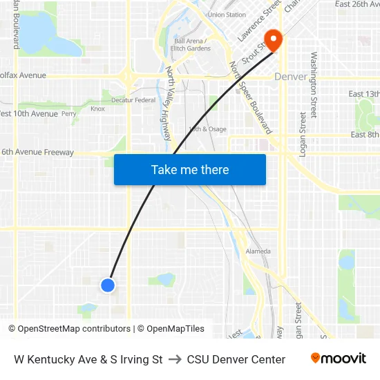 W Kentucky Ave & S Irving St to CSU Denver Center map