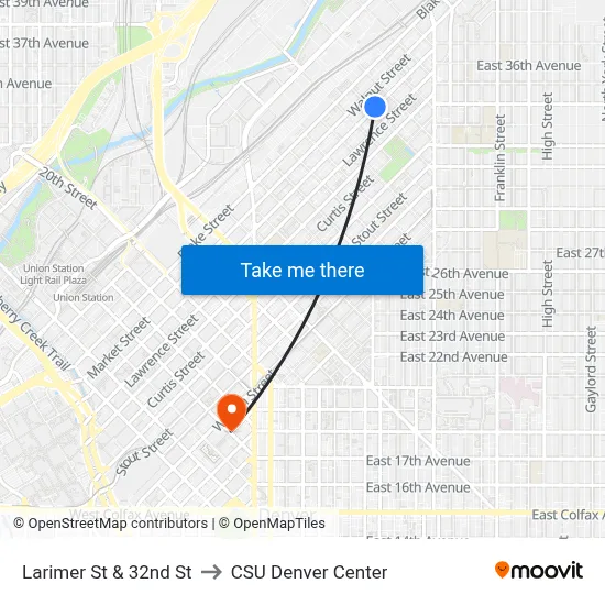 Larimer St & 32nd St to CSU Denver Center map