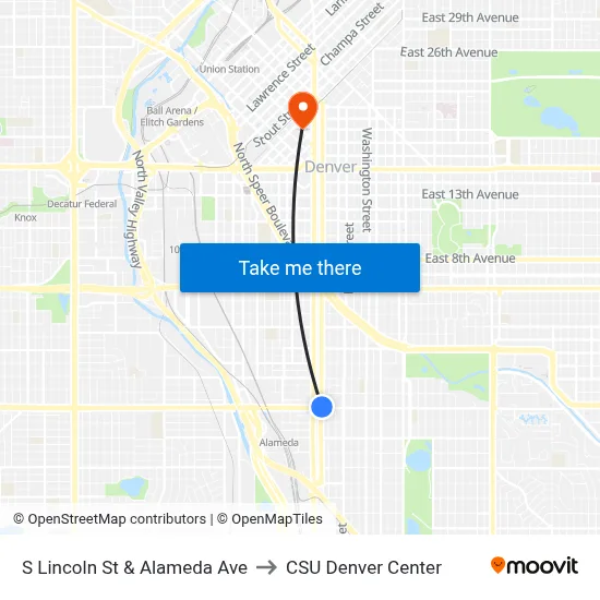 S Lincoln St & Alameda Ave to CSU Denver Center map