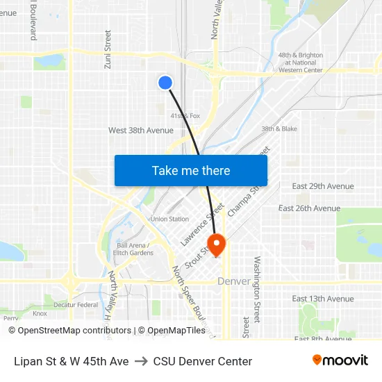 Lipan St & W 45th Ave to CSU Denver Center map