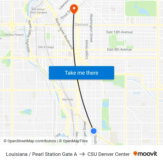 Louisiana / Pearl Station Gate A to CSU Denver Center map