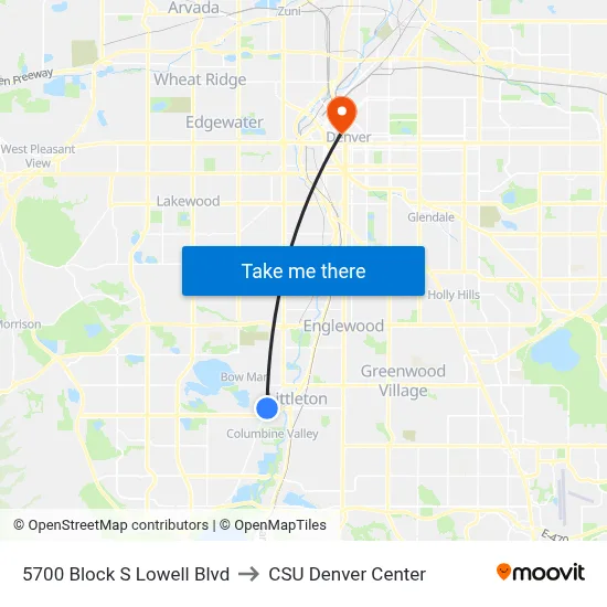 5700 Block S Lowell Blvd to CSU Denver Center map