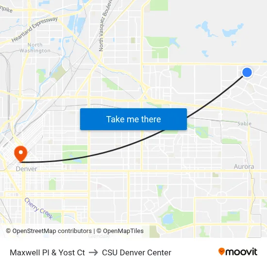 Maxwell Pl & Yost Ct to CSU Denver Center map