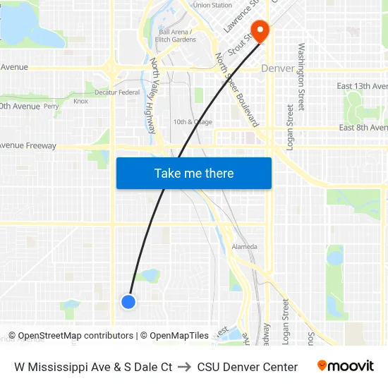 W Mississippi Ave & S Dale Ct to CSU Denver Center map