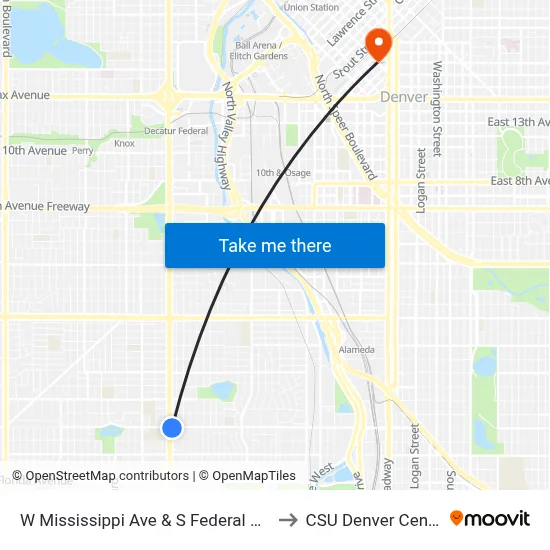 W Mississippi Ave & S Federal Blvd to CSU Denver Center map
