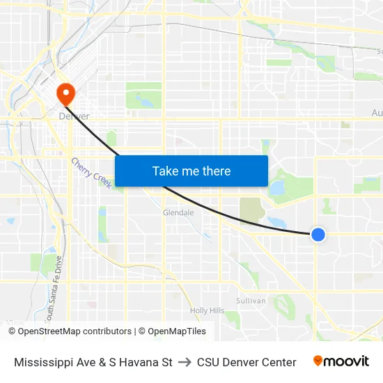 Mississippi Ave & S Havana St to CSU Denver Center map