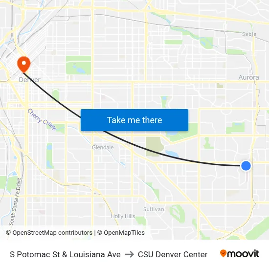 S Potomac St & Louisiana Ave to CSU Denver Center map