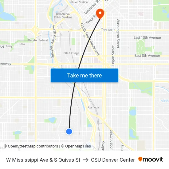 W Mississippi Ave & S Quivas St to CSU Denver Center map