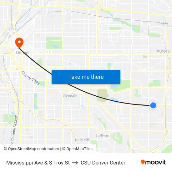 Mississippi Ave & S Troy St to CSU Denver Center map