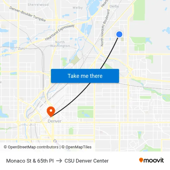Monaco St & 65th Pl to CSU Denver Center map