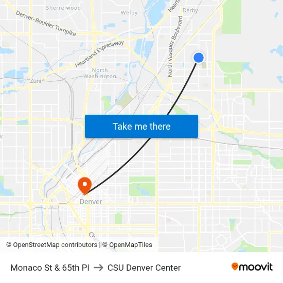 Monaco St & 65th Pl to CSU Denver Center map